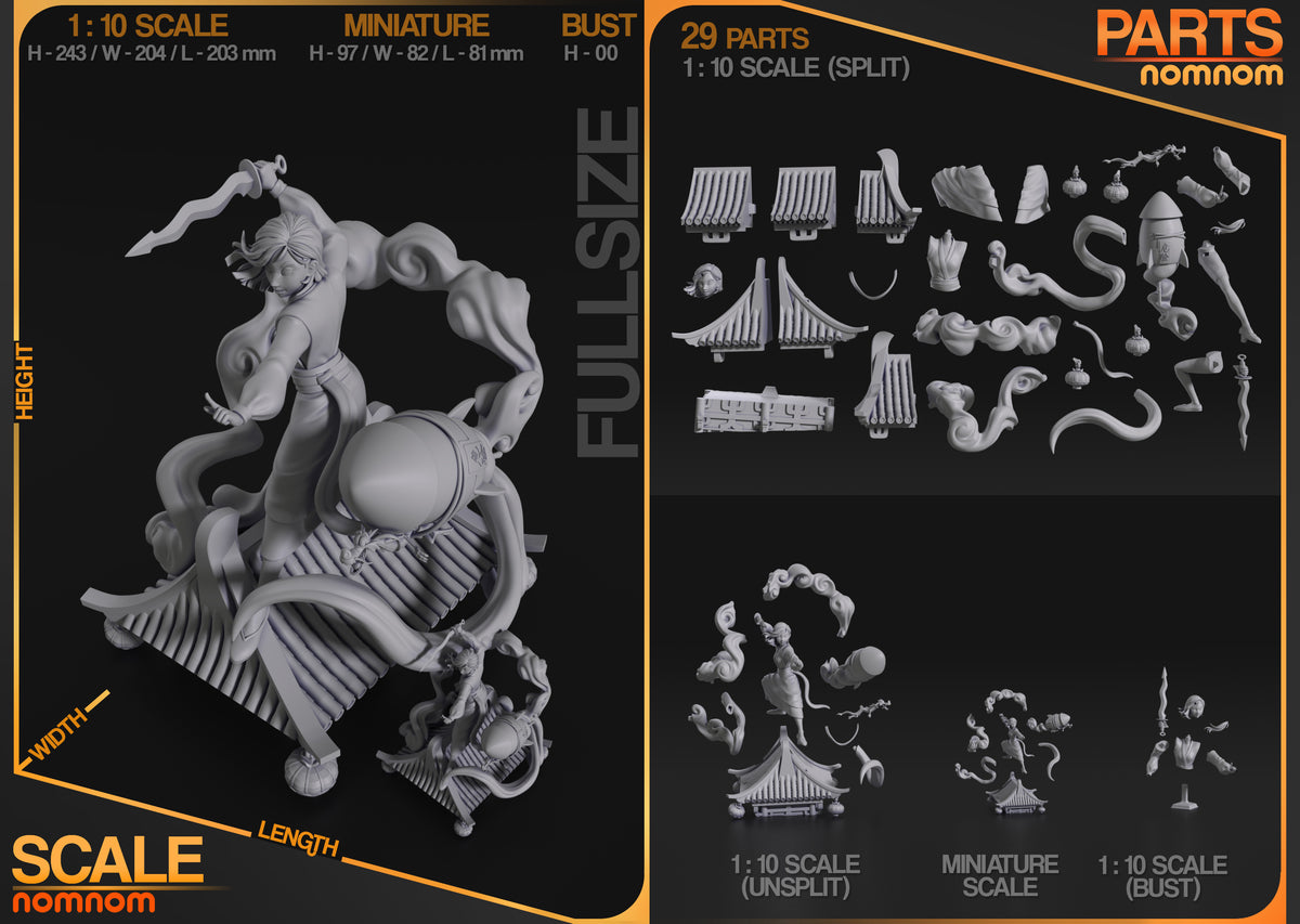 Parts breakdown image showing individual components and assembly layout for Mulan figure.