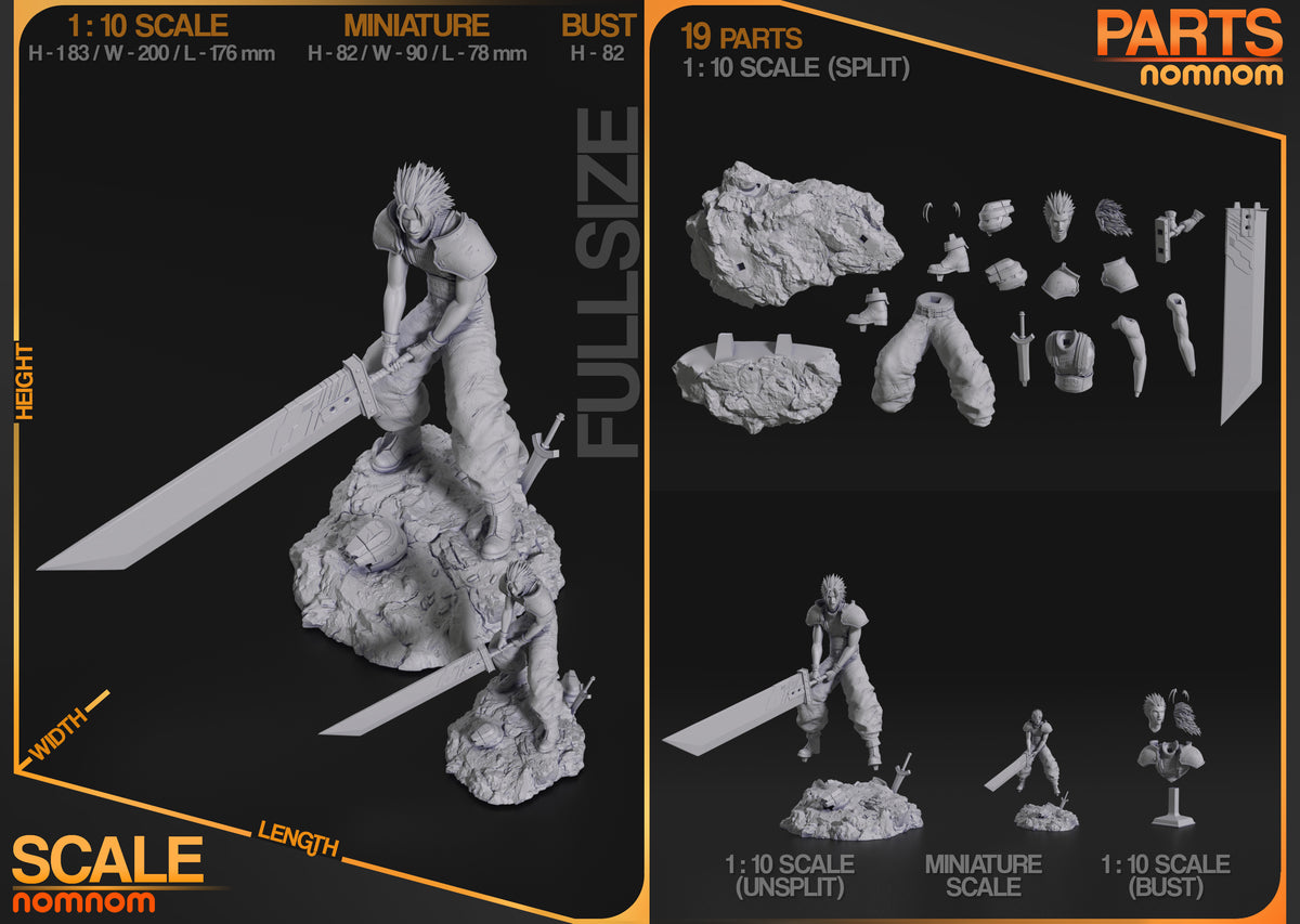 Parts breakdown image showing individual components and assembly layout for Zack Fair figure.