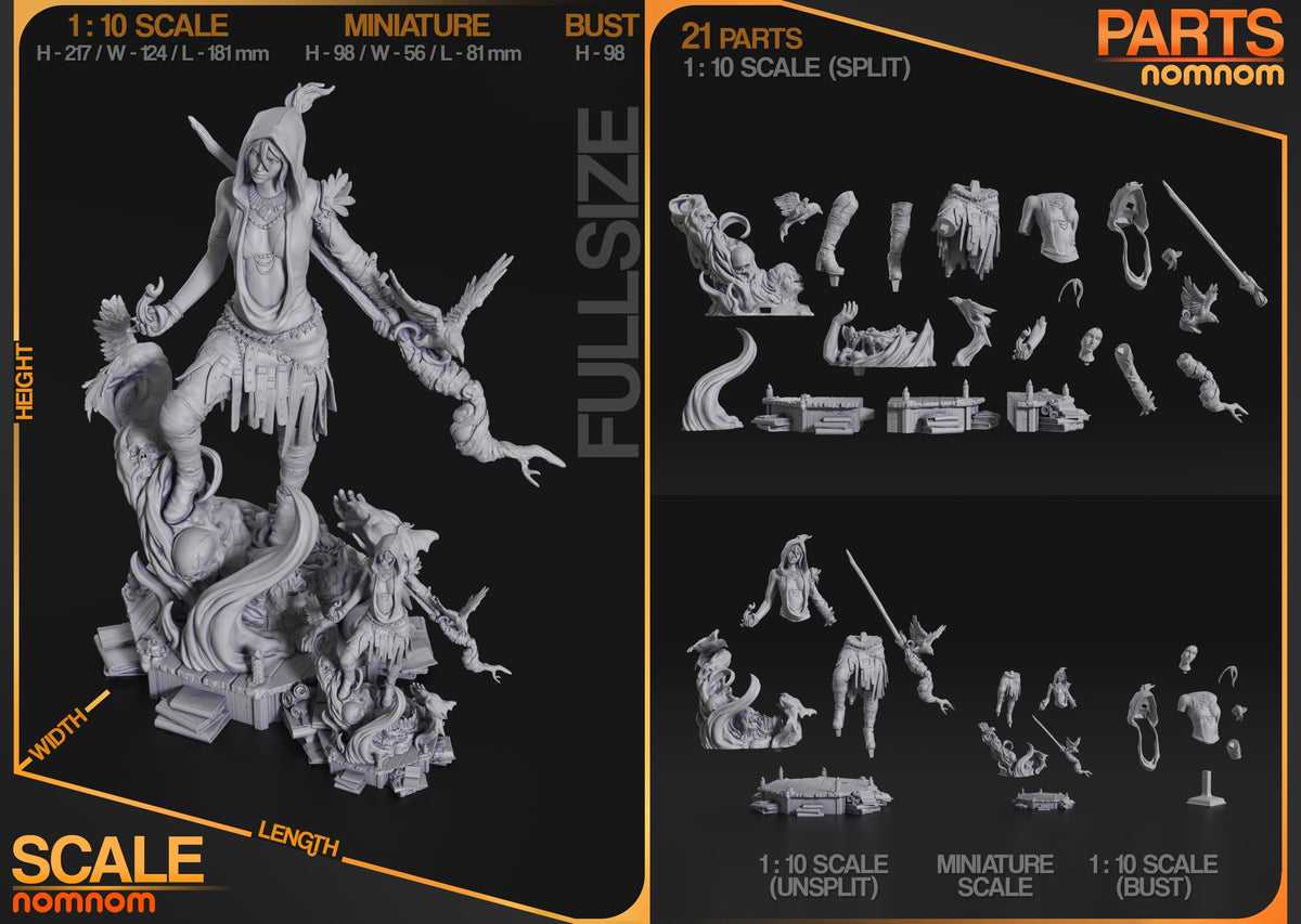 Morrigan from Dragon Age resin figure parts shown unpainted in split layout with sculpted bases.