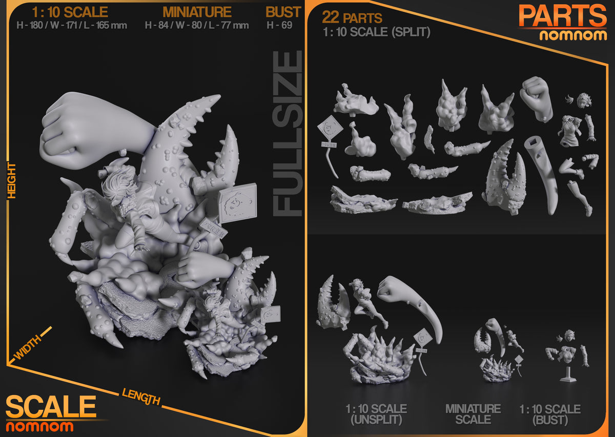 Unpainted Momo Ayase from Dandadan resin figure parts show separated components and bases.