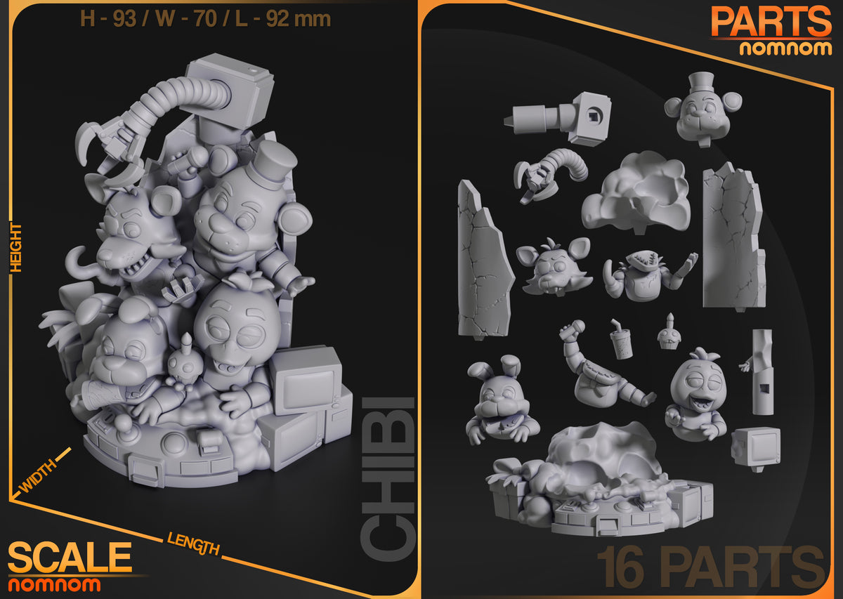Parts breakdown image showing individual components and assembly layout for 5 Nights at Freddys figure.