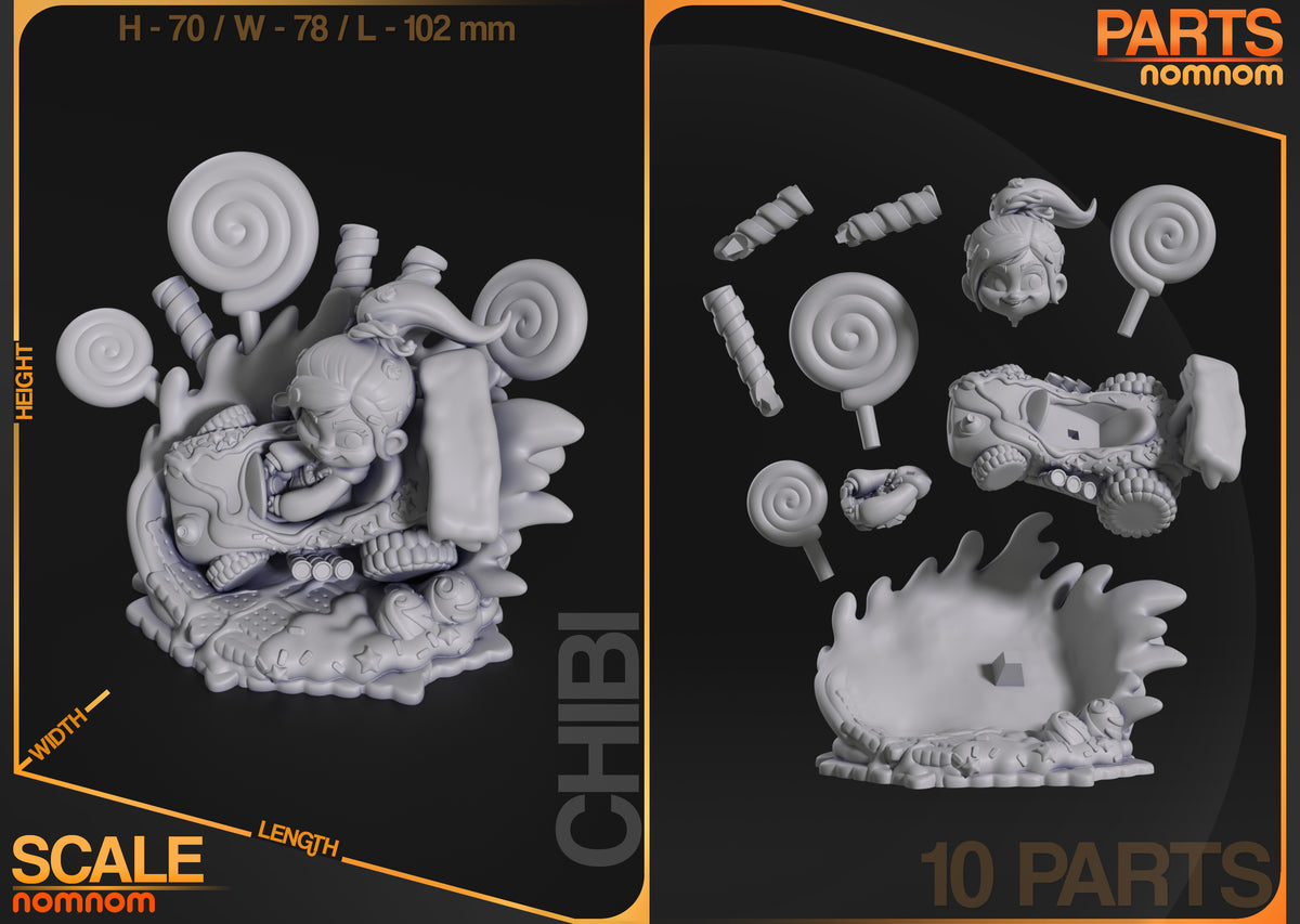 Parts breakdown image showing individual components and assembly layout for Sugar Racer Chibi figure.