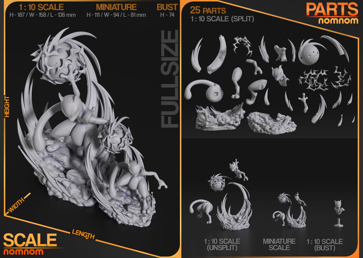 Parts breakdown image showing individual components and assembly layout for MewTwo figure.