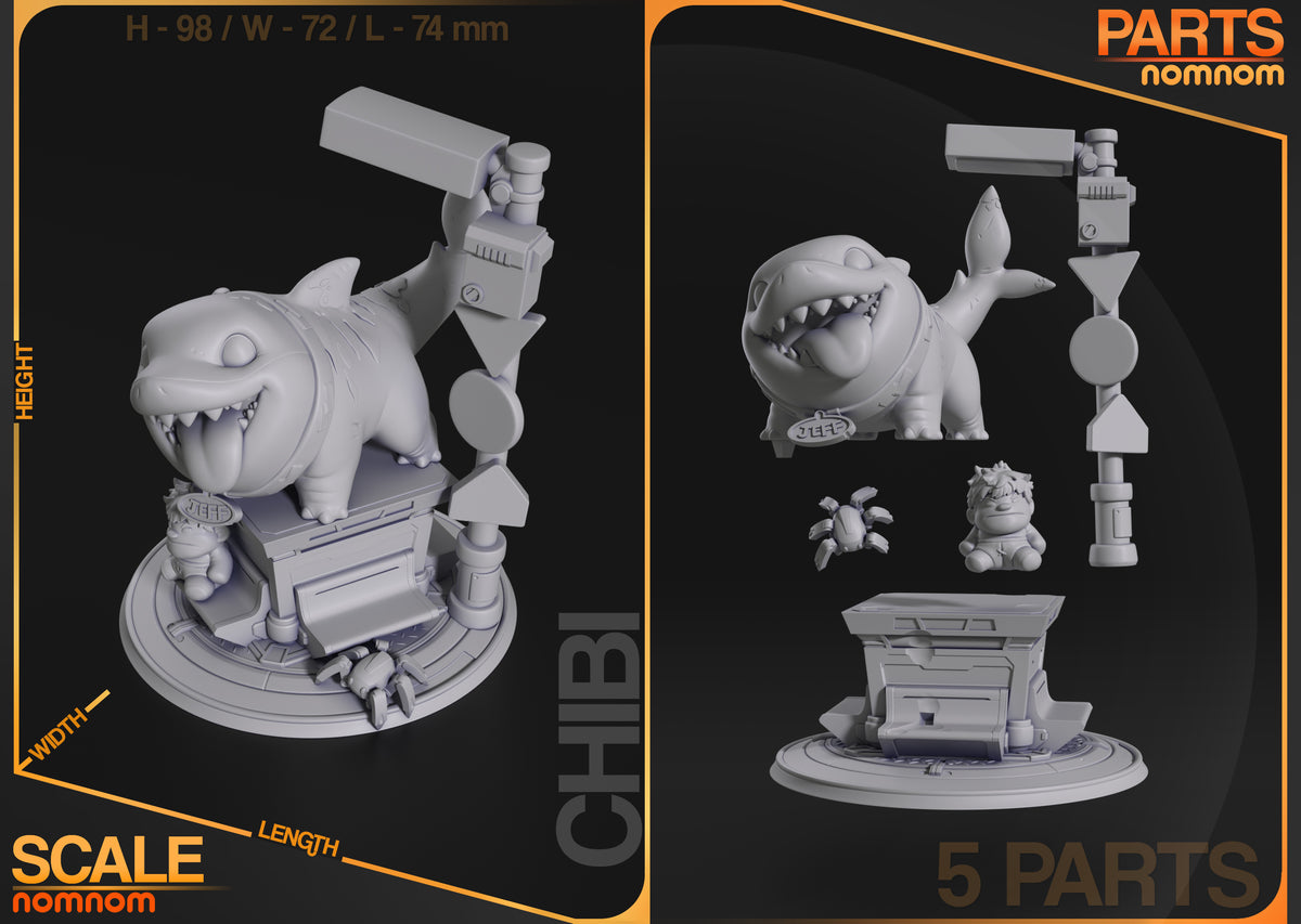 Parts breakdown image showing individual components and assembly layout for Chibi Shark Pal–Tiny Hero Companion figure.