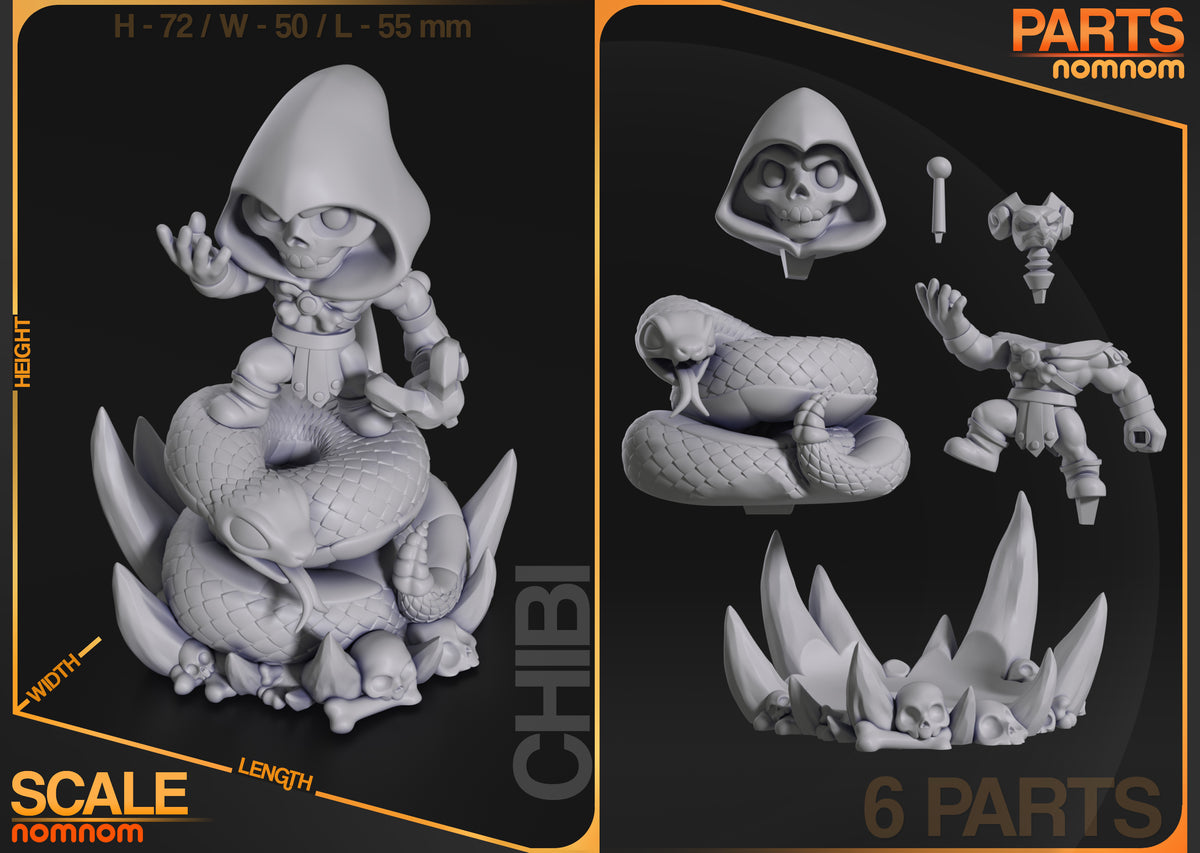 Unpainted resin Chibi Skeletor figure parts displayed: hooded head, interchangeable hands, scaled torso, staff accessory, and crystal base.