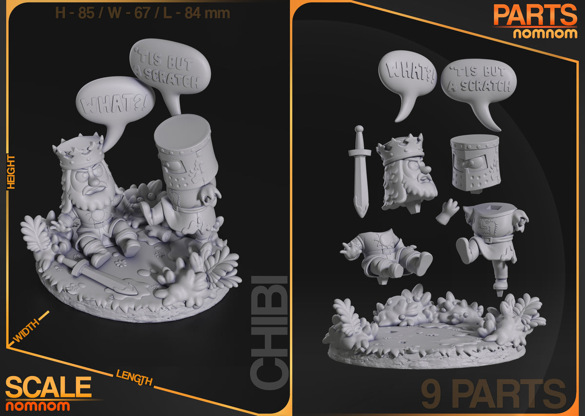 Parts breakdown image showing individual components and assembly layout for The Black Knight Chibi figure.
