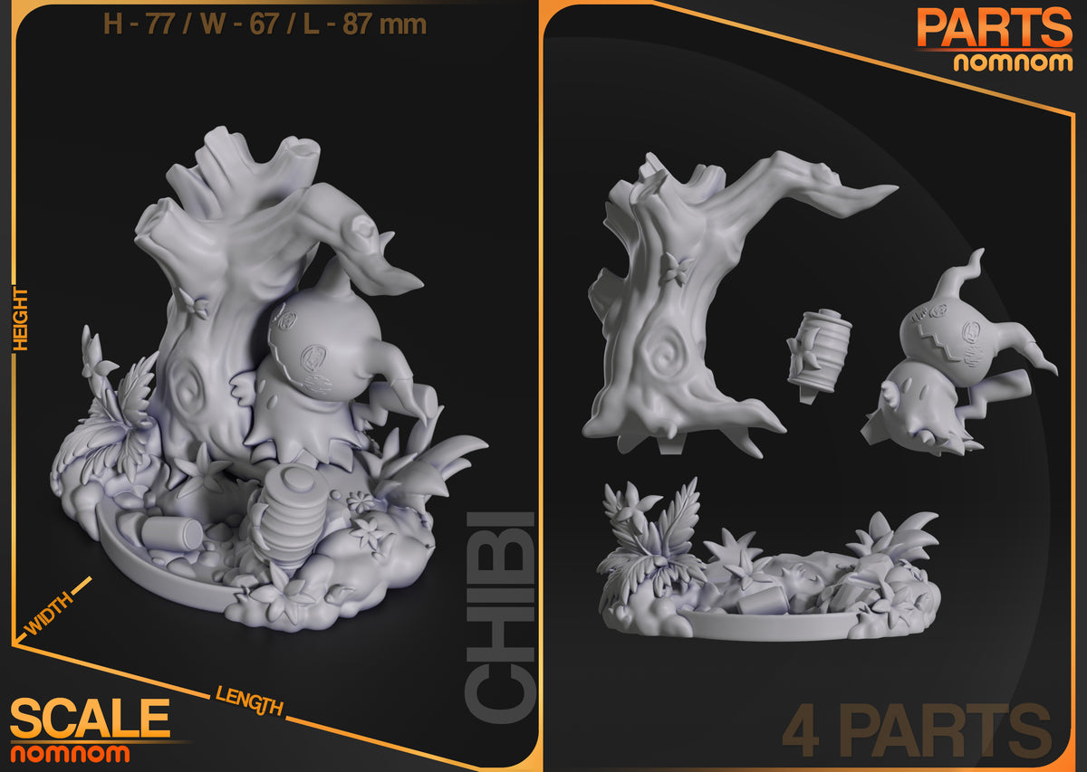 Mimikyu from Pokémon is shown as an unpainted resin Chibi figure in four separated parts.