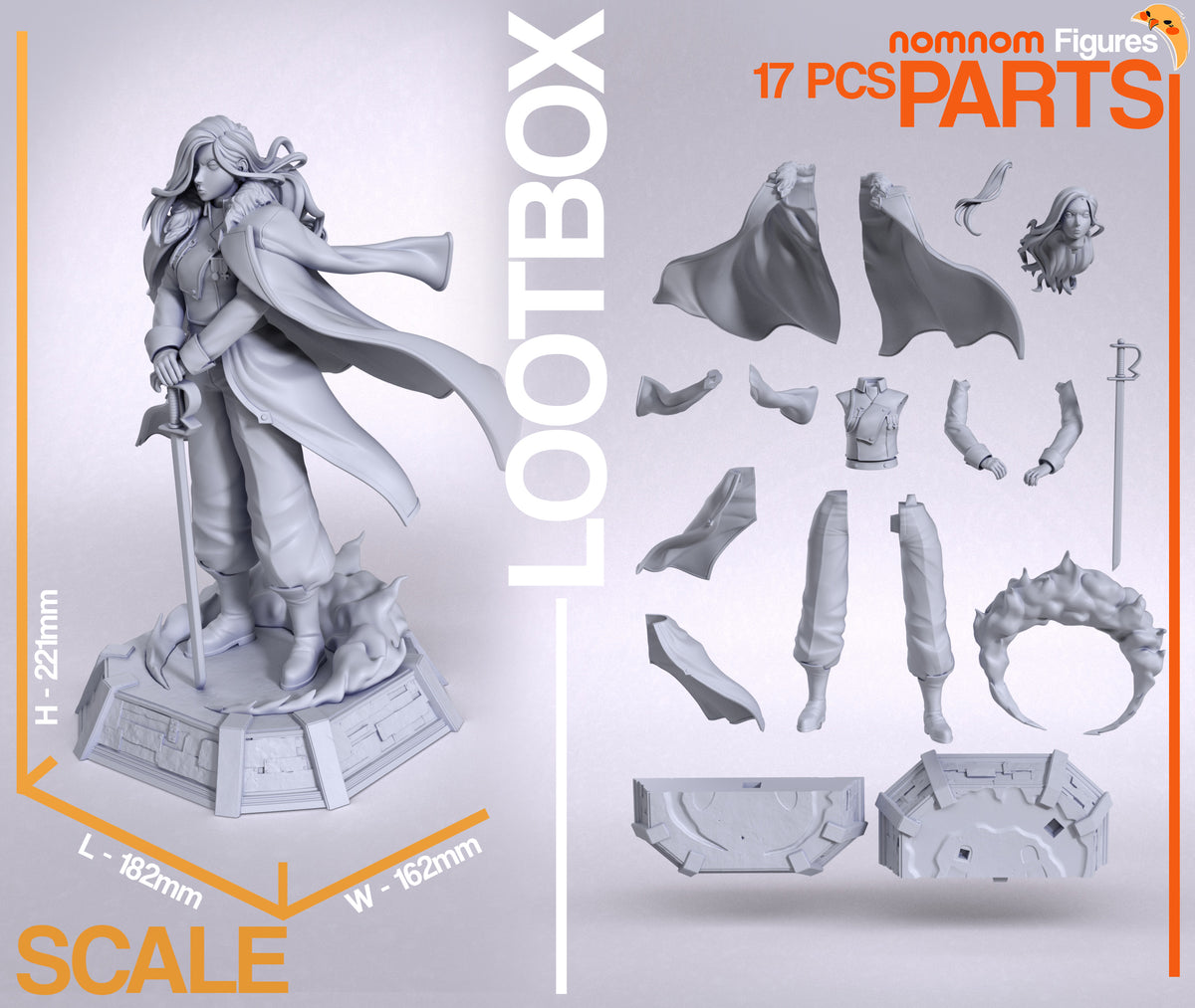 Unpainted Olivier Armstrong from Fullmetal Alchemist resin figure parts sit beside its base.