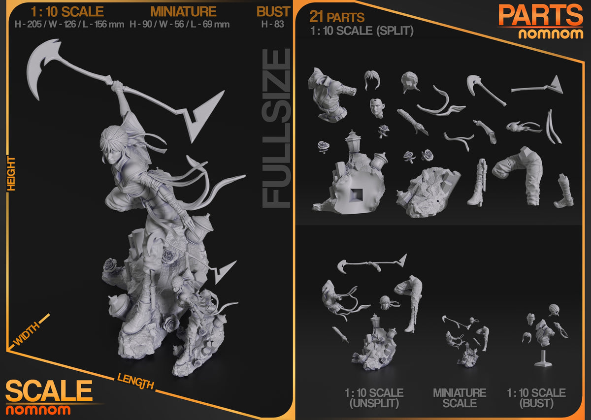 Unpainted Sciel resin figure parts from Expedition 33 show weapons, limbs, and sculpted base.