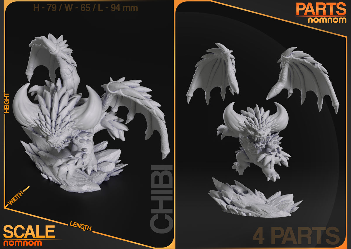 Parts breakdown image showing individual components and assembly layout for Nergigante Chibi figure.