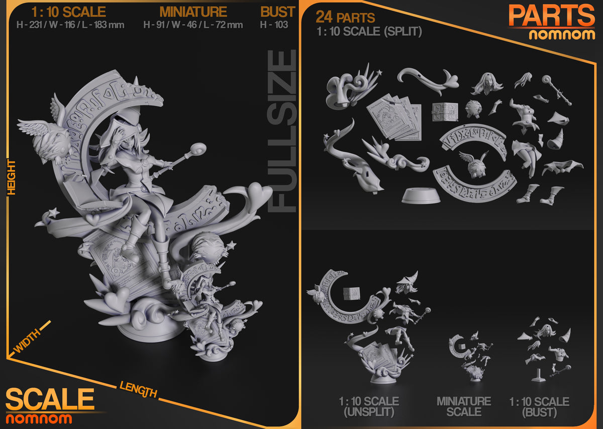 Parts breakdown image showing individual components and assembly layout for Mystic Sorceress figure.