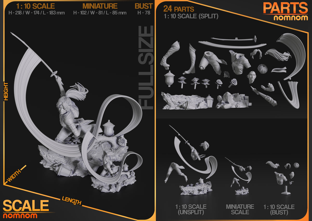 Maelle from Expedition 33 resin figure parts are shown unpainted in a layout with sculpted bases.
