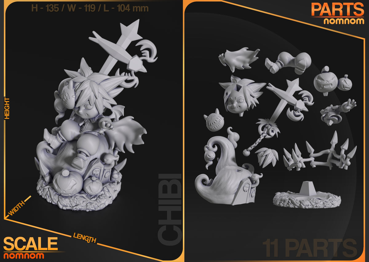Keybearer Sky resin Chibi figure parts layout showing 11 unpainted components including head, torso, limbs, accessories, and scenic base from Heart Realms Saga.