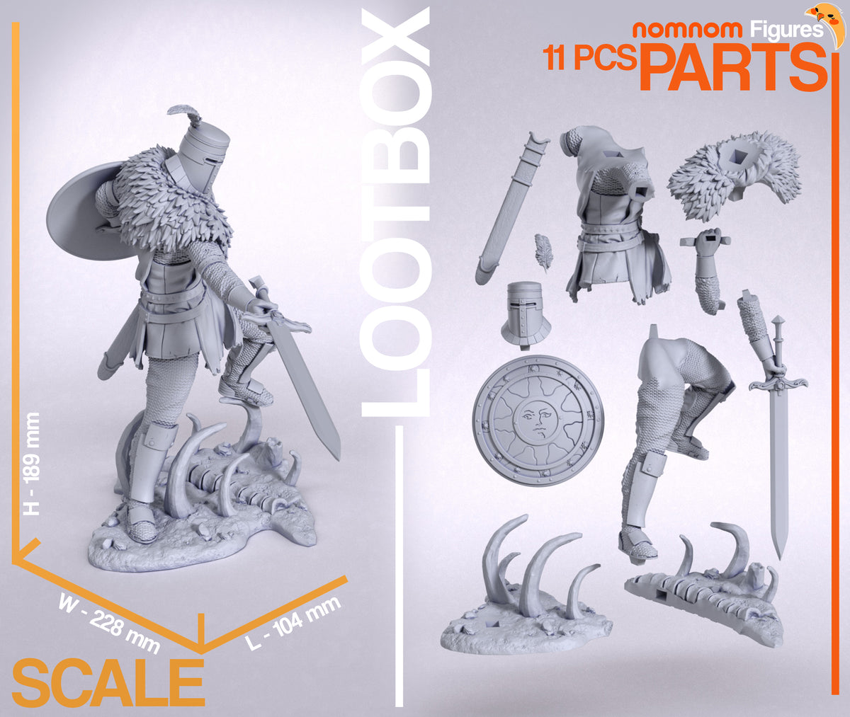 Solaire of Astoria from Dark Souls resin figure shown as eleven unpainted parts with base.
