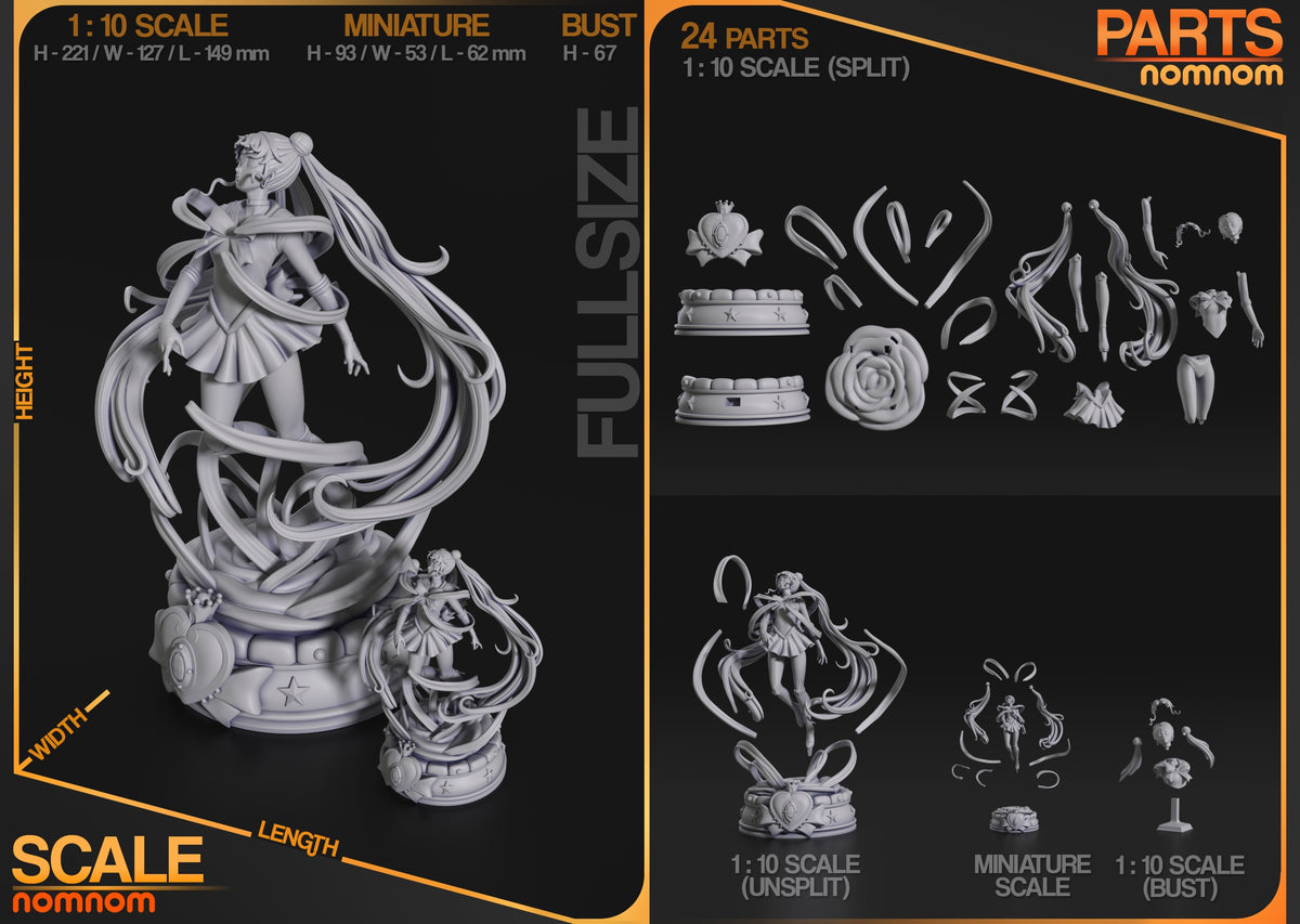 Parts breakdown image showing individual components and assembly layout for Sailor Moon figure.