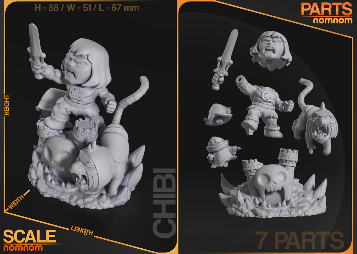 Parts breakdown for Sunblade Champion from He-Man: individual components and assembly layout of the Chibi figure.