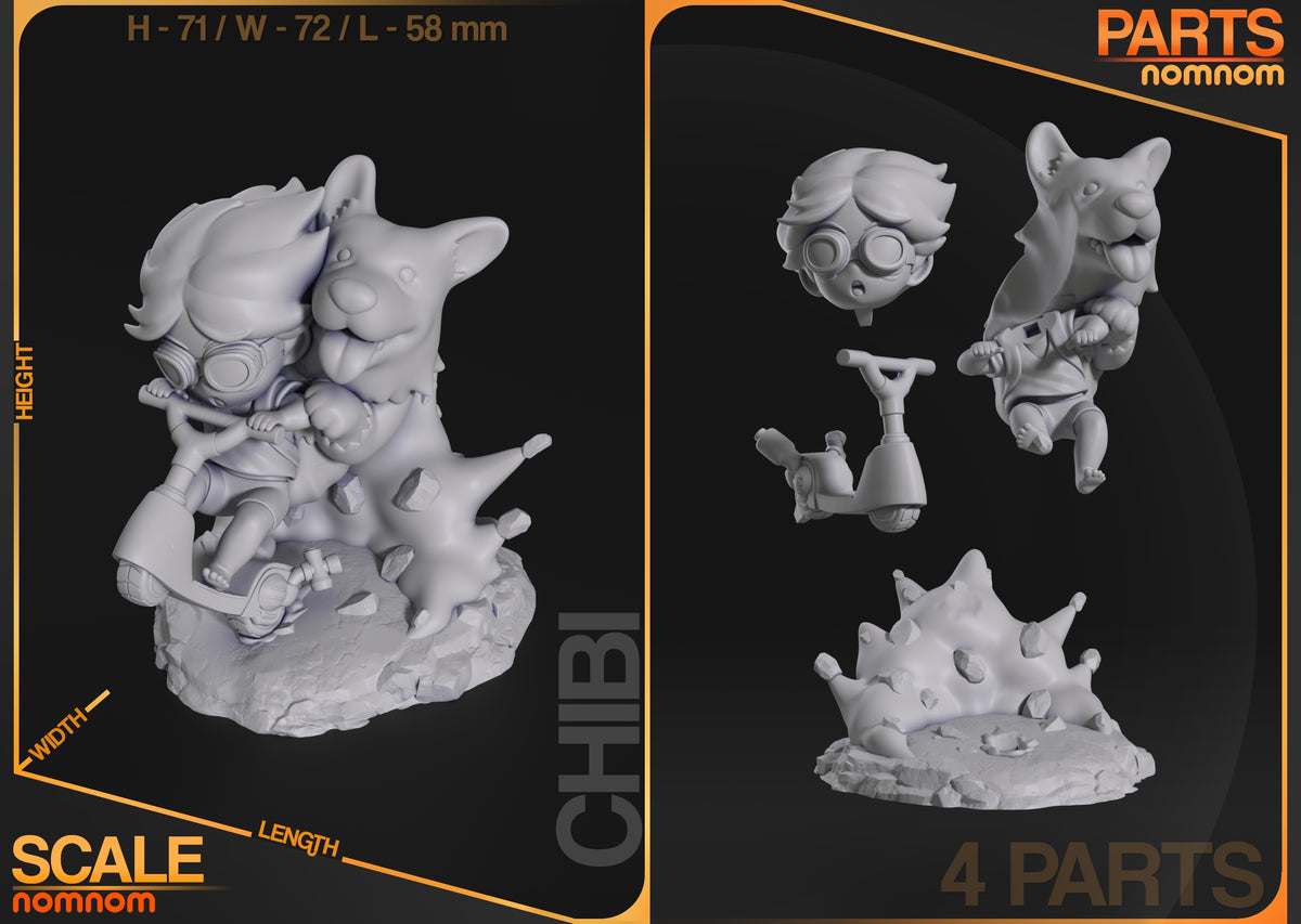 Parts breakdown image showing individual components and assembly layout for Genius Corgi & Hacker Kid Chibi figure.