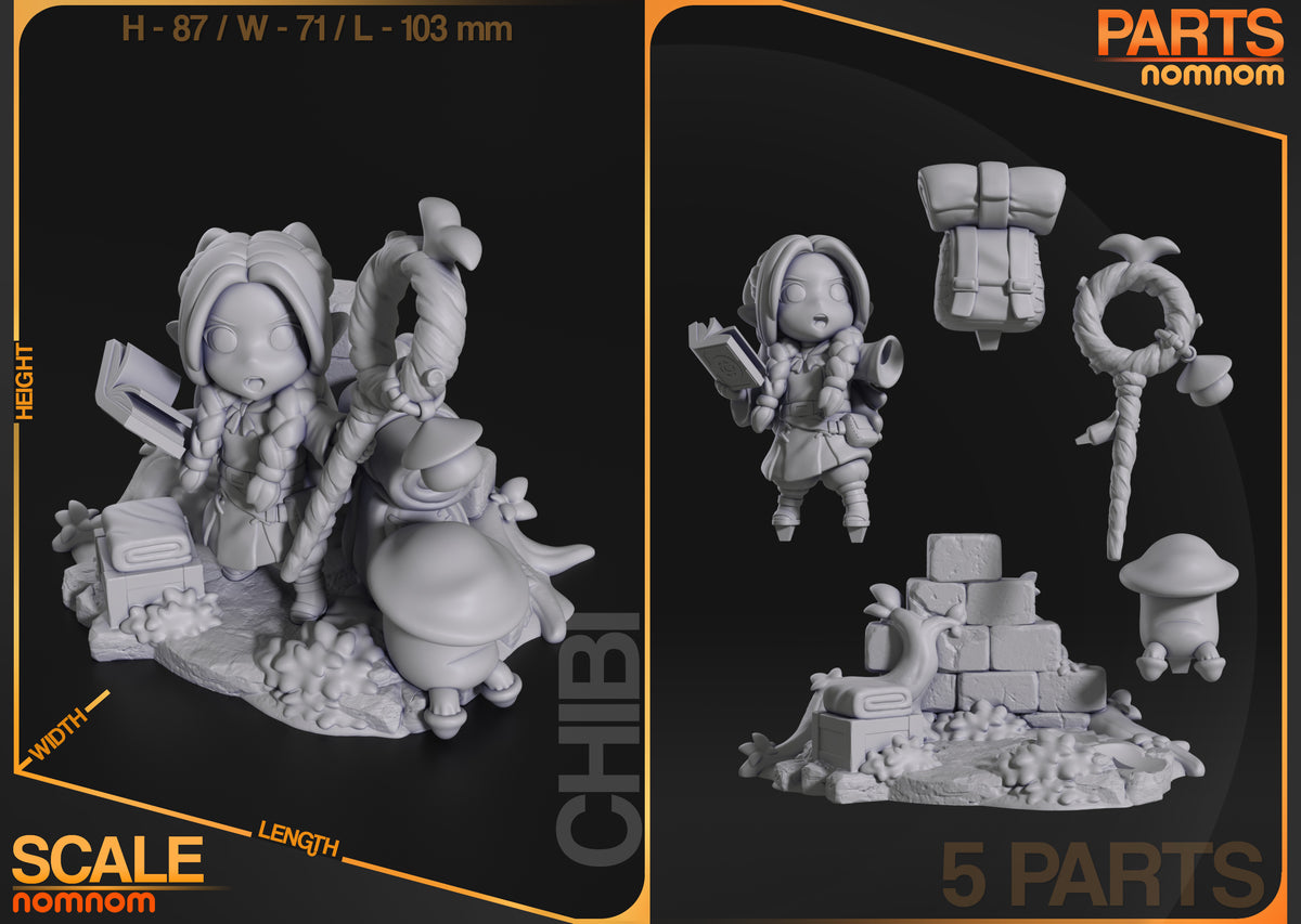 Parts breakdown image showing individual components and assembly layout for Mystic Scribe figure.