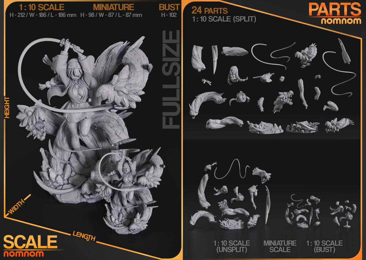 Parts breakdown image showing individual components and assembly layout for Mitsuri figure.