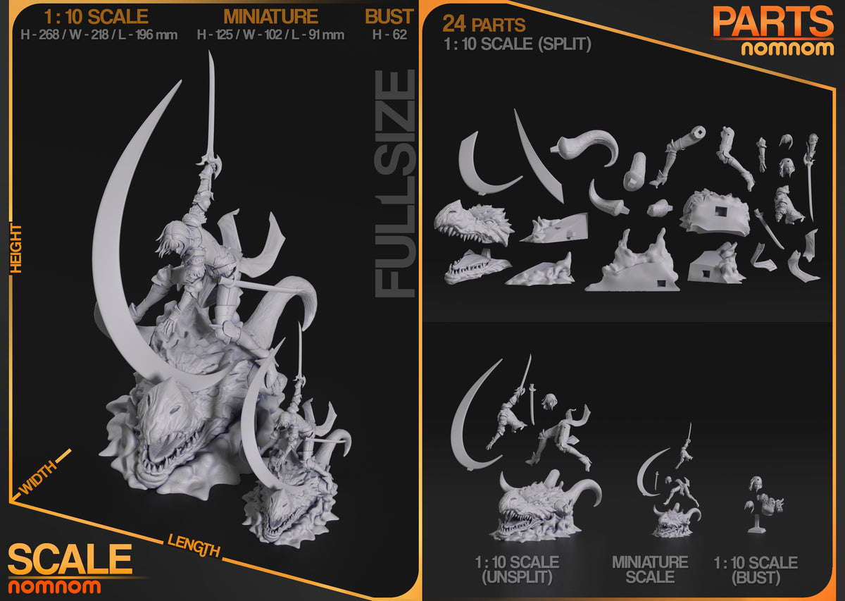 Unpainted Cha Hae-In resin figure parts from Solo Leveling lie flat with weapons and a sculpted base.