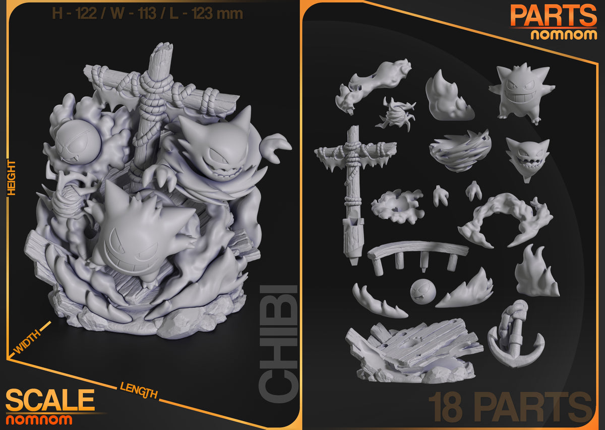 Parts breakdown image showing individual components and assembly layout for Mistwisp, Nightstalker & Shadowgrin Diorama.
