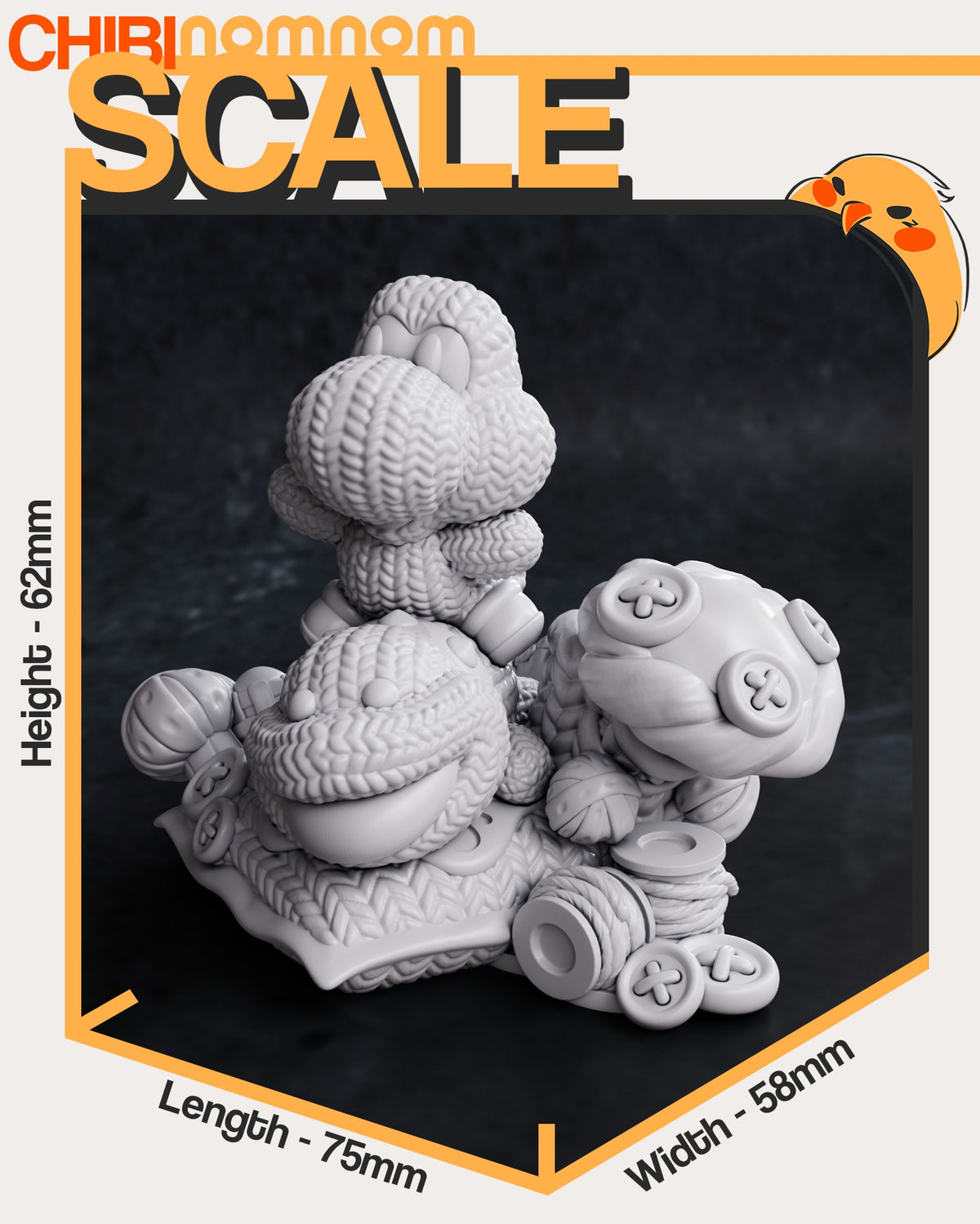 Size comparison image showing height and scale reference for Yarn Dino figure.