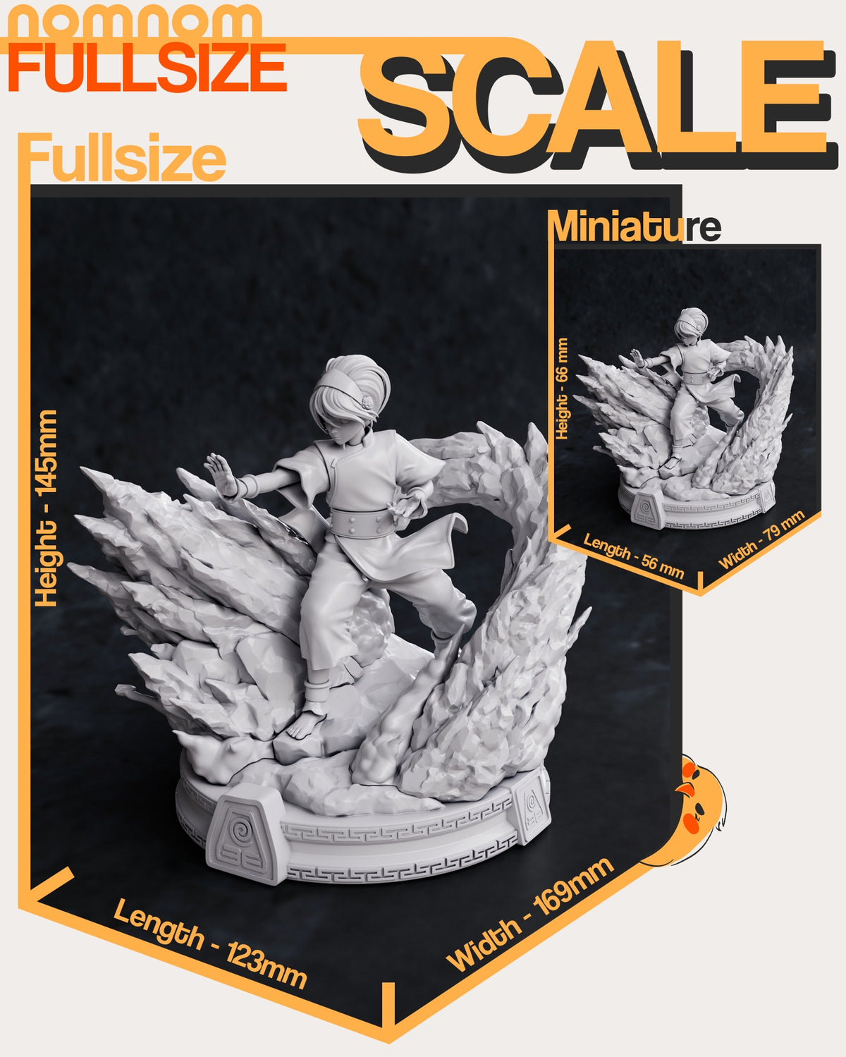 Unpainted Toph from Avatar: The Last Airbender resin figure poses on a rocky sculpted base, measuring 145 mm tall.