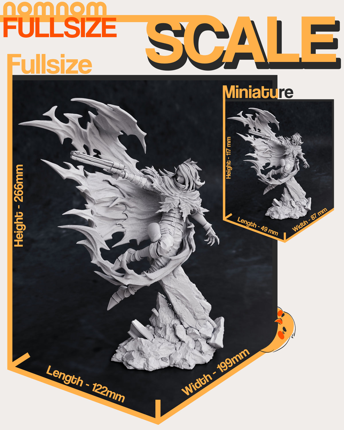 Size comparison image showing height and scale reference for Vincent Valentine figure.