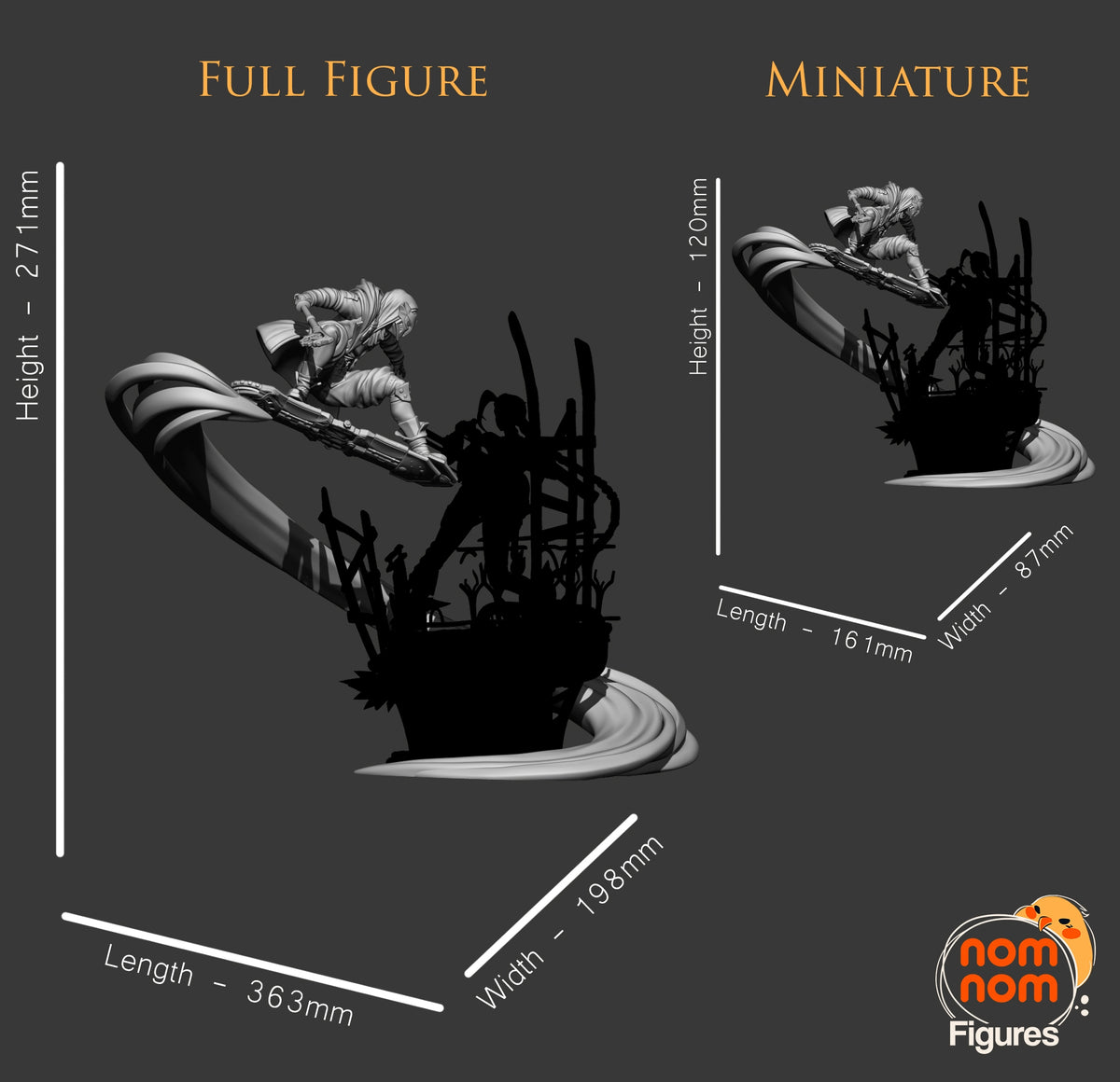 Ekko vs Jinx from Arcane resin diorama appears unpainted, showing a leaping figure on a sculpted base marked 363×198×271 mm.
