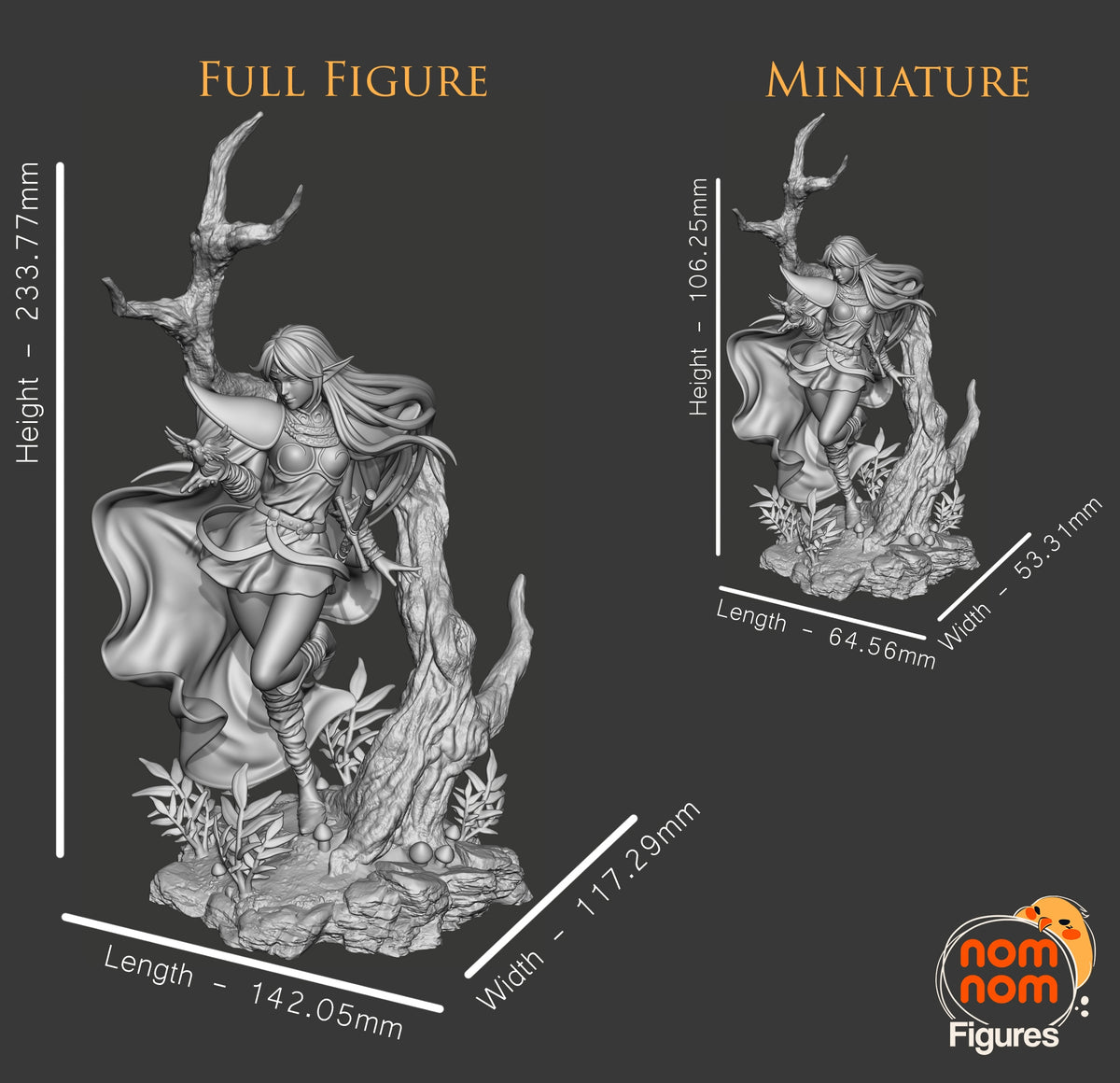 Deedlit from Record of Lodoss War resin figure is unpainted beside a tree base with scale dimensions.