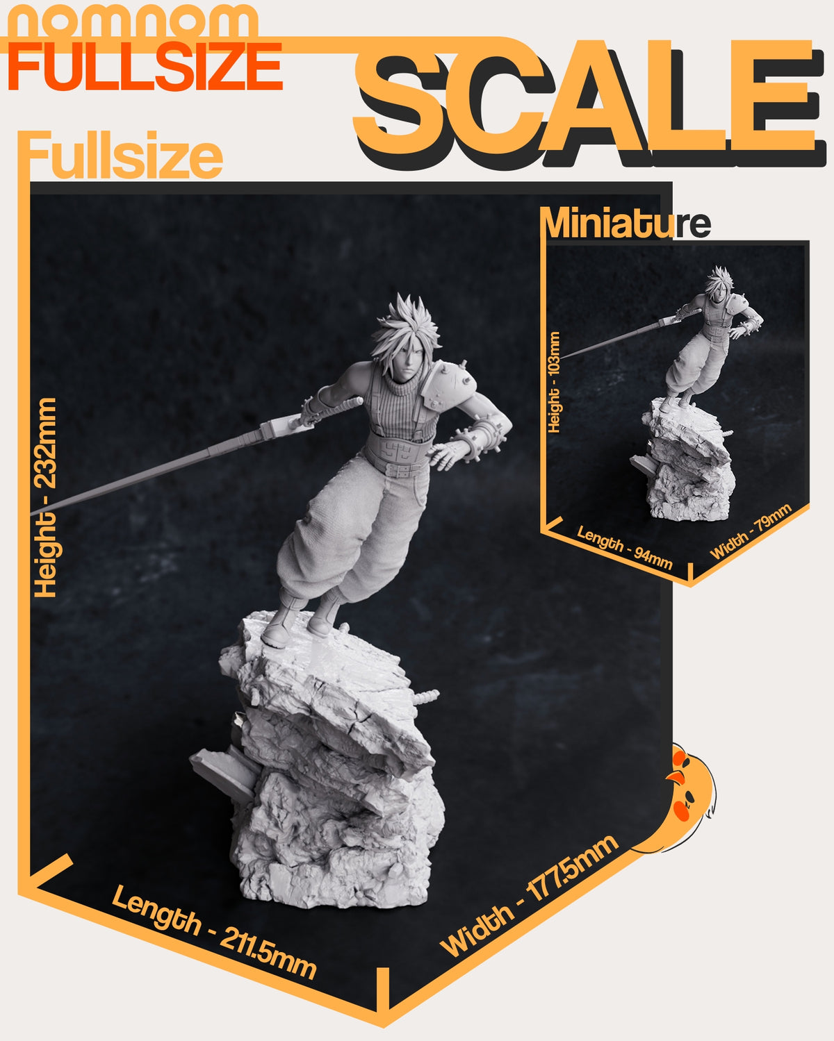 Size comparison image showing height and scale reference for Cloud Strife figure.