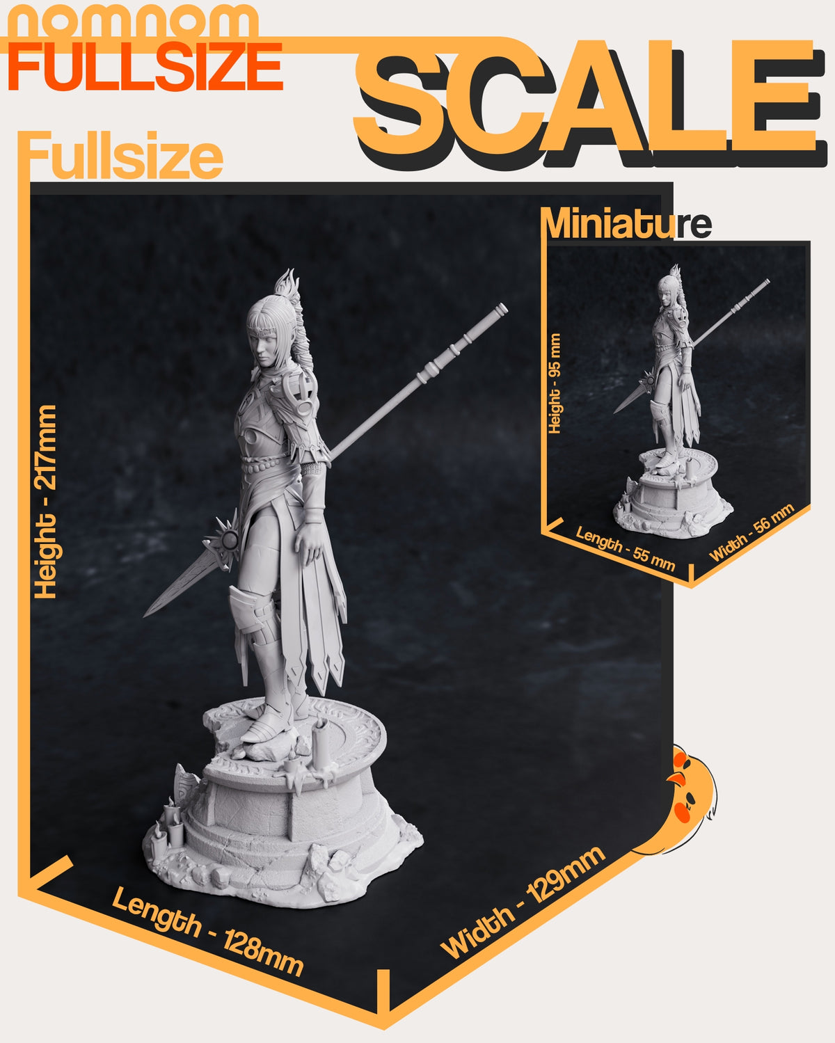 Size comparison image showing height and scale reference for female cleric figure.