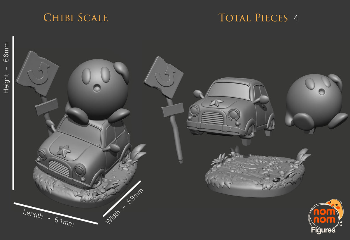 Parts breakdown image showing individual components and assembly layout for Kirby Chibi figure.