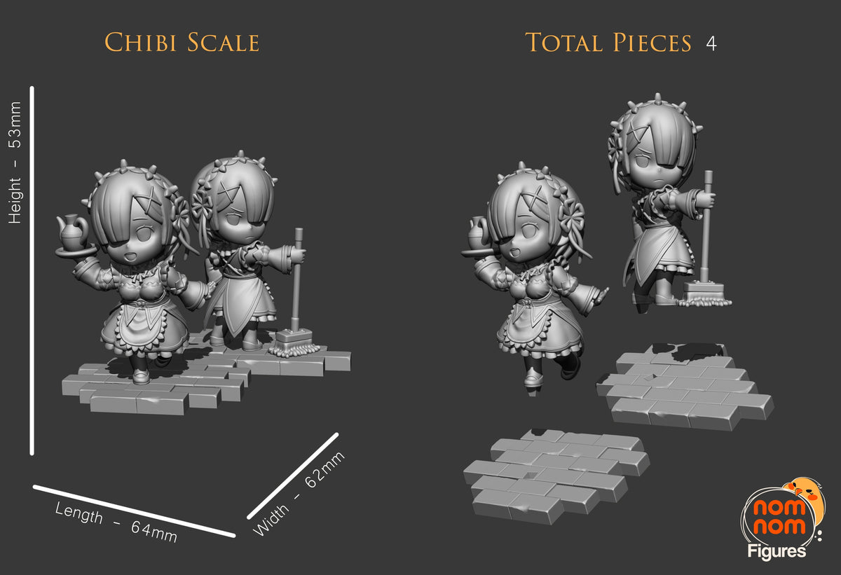 Parts breakdown image showing individual components and assembly layout for Remi & Rami Chibi figure.