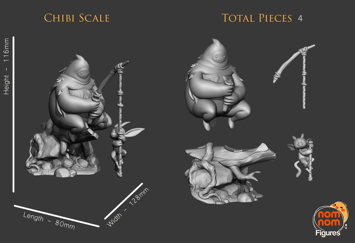 Parts breakdown image showing individual components and assembly layout for Spirit Companions Chibi figure.
