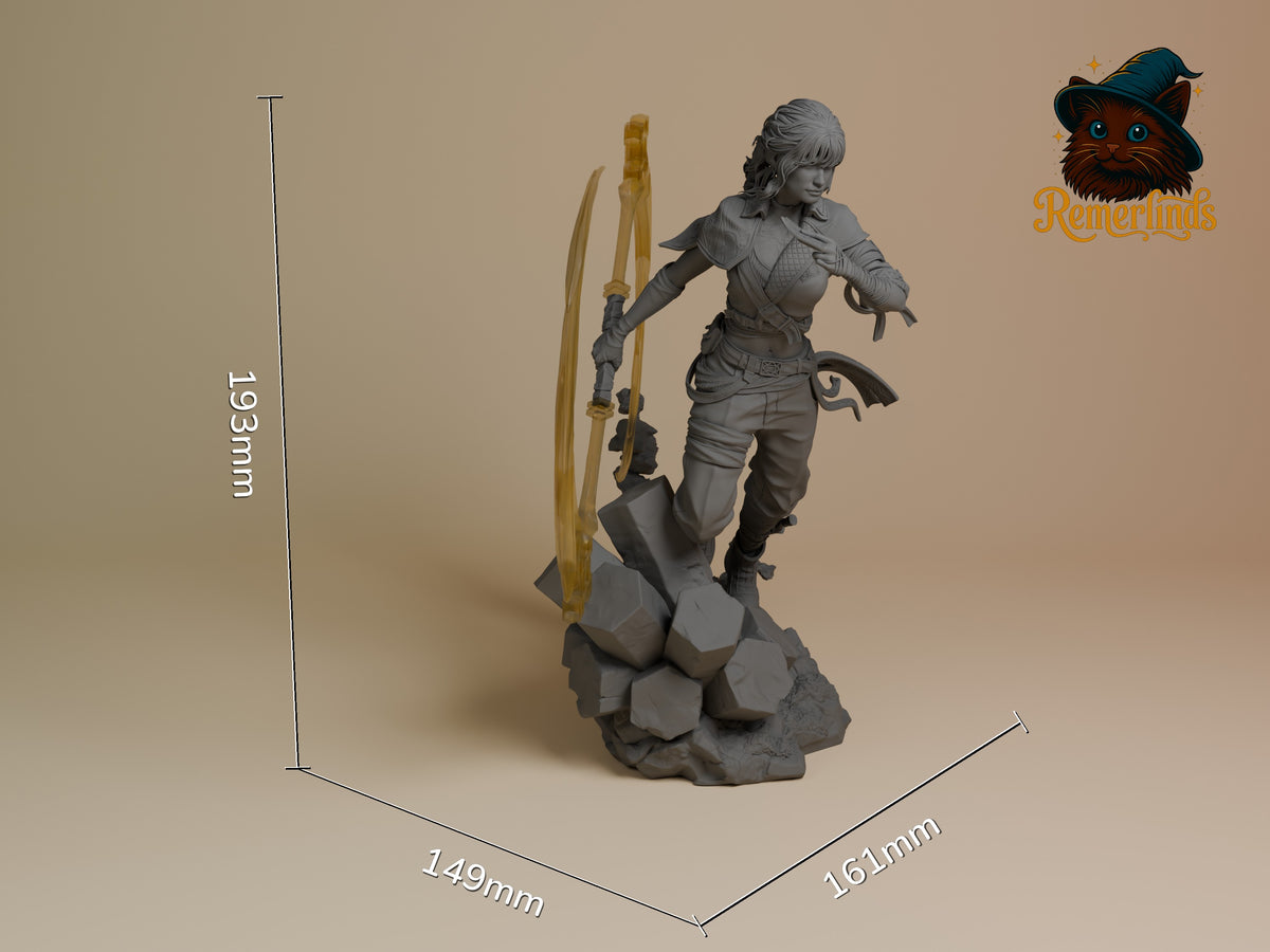 Sciel from Expedition 33 is an unpainted resin figure, front-facing with bow and sword on a rocky base beside scale marks.