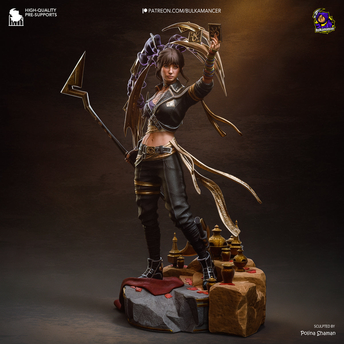 Sciel resin figure from Expedition 33 stands triumphantly on ornate base, wielding dual curved blades with purple magical aura, detailed black and gold costume.