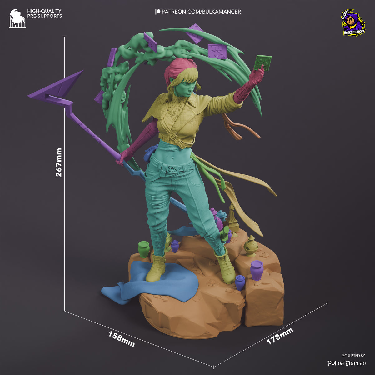 Sciel resin figure from Expedition 33 shown at 267mm height, displaying painted green skin, yellow shirt, and teal pants with articulated tentacle limbs on rocky base.