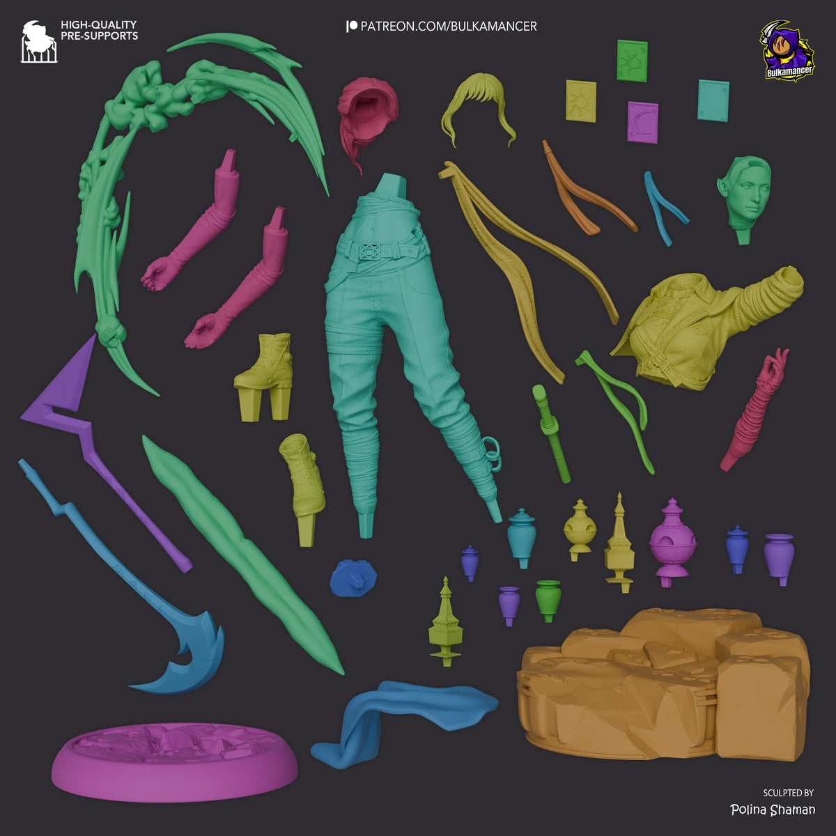 Sciel resin figure parts kit from Expedition 33, showing unpainted colored components including limbs, torso, head, weapons, accessories, and base pieces arranged on dark background.