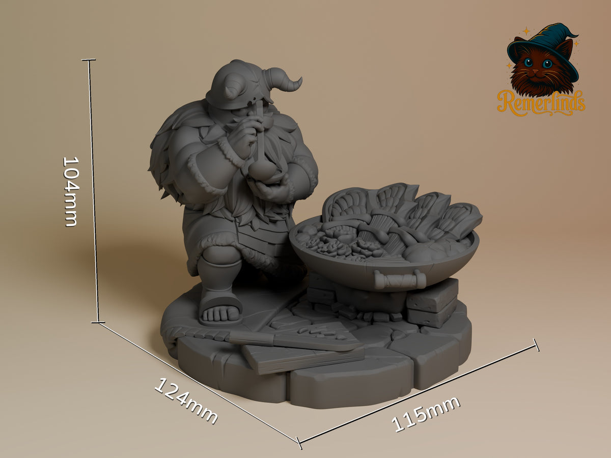 Senshi from Delicious in Dungeon kneels in three-quarter view as an unpainted resin figure with bowl on sculpted base.