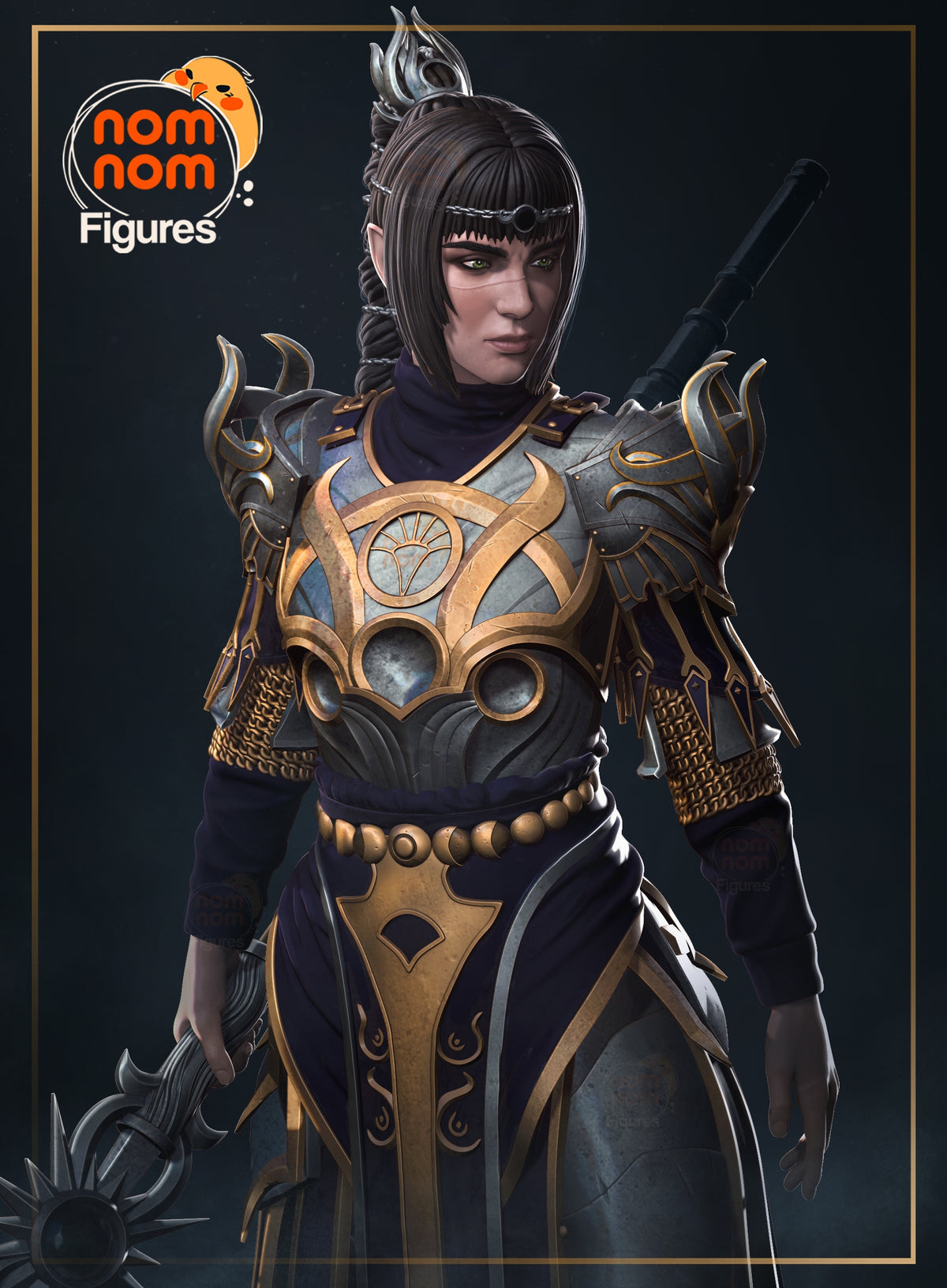 Fully painted sample of female cleric from classic fantasy roleplaying setting by Nomnom, showing intended final look for display reference.