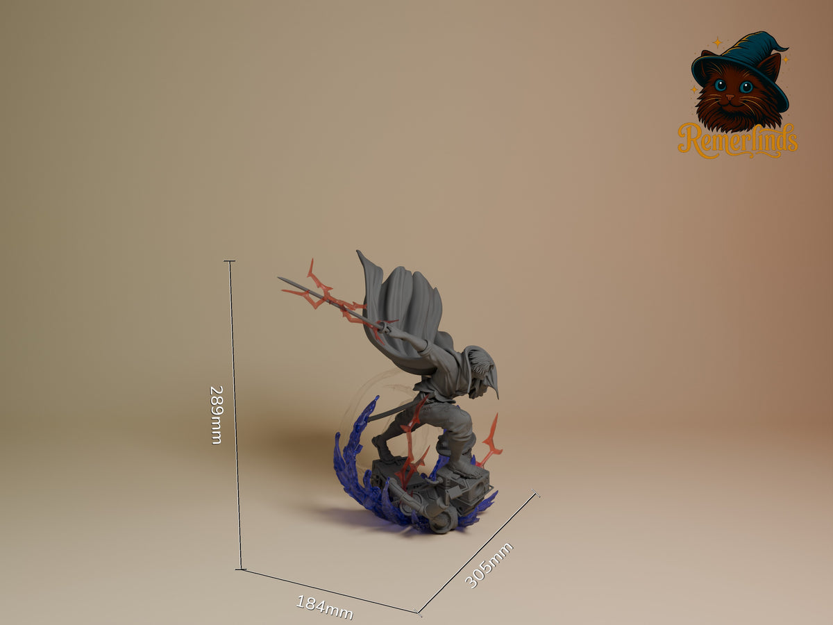 Shanks resin figure shown at 289mm height with blue and red painted details, dynamic pose on textured base, displayed with scale dimensions.