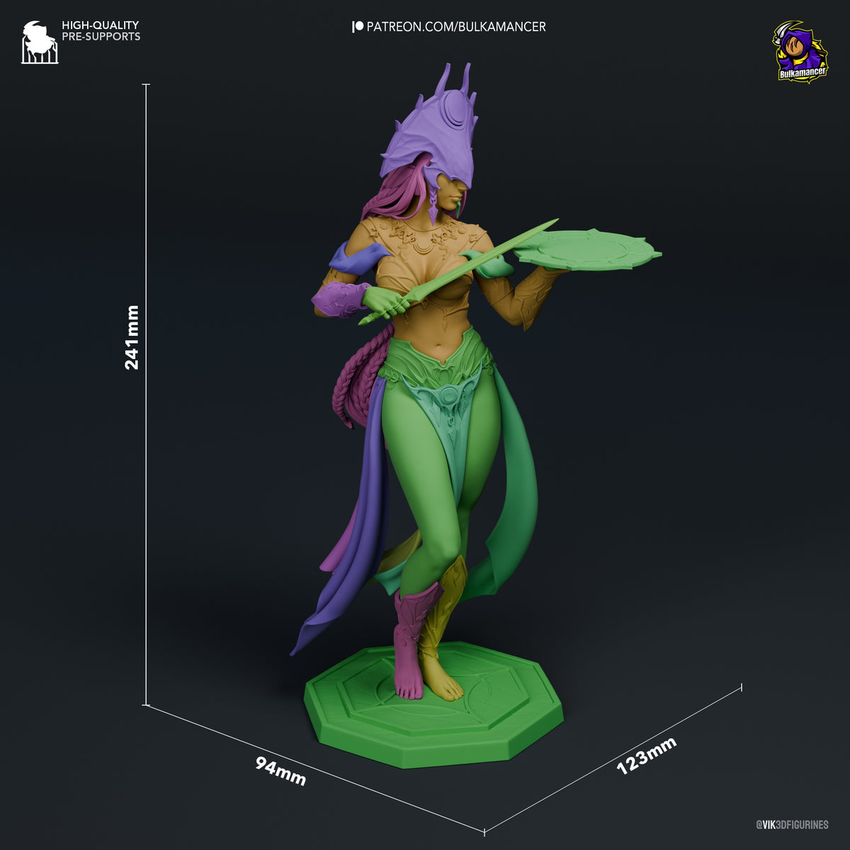 Shar resin figure displayed at scale showing 241mm height, dynamic pose with staff and flowing purple hair, vibrant paint details, hexagonal green base.
