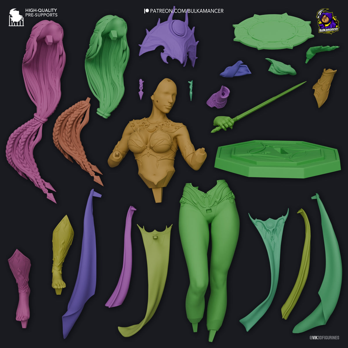 Unpainted resin figure parts for Shar from Baldur's Gate laid out flat: torso, legs, hair variants, weapons, accessories, and environmental pieces in yellow, green, purple, and pink.