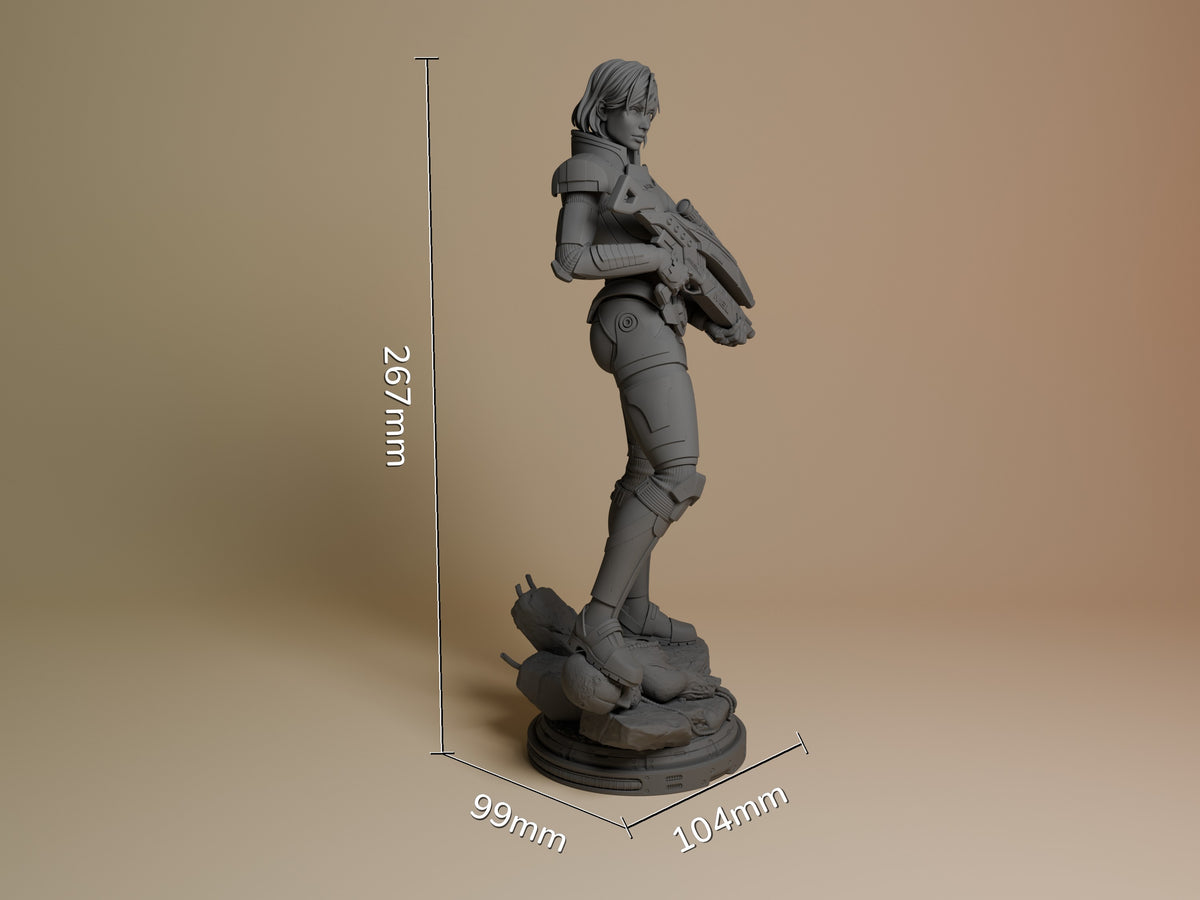 Shepard from Mass Effect is an unpainted resin figure in profile, holding rifle on sculpted base.