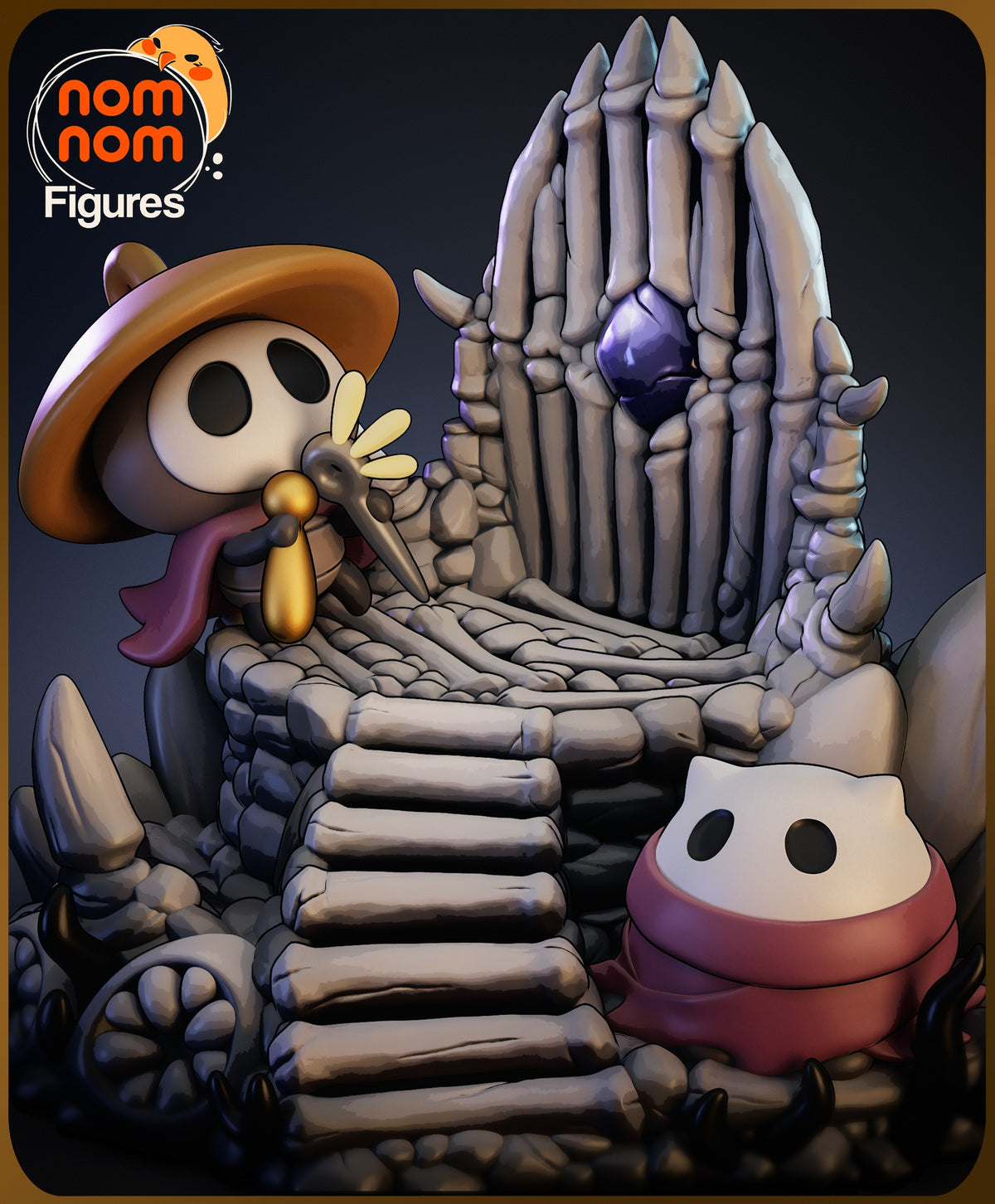 Sherma resin Chibi figure from Hollow Knight displayed on rocky base, wearing brown hat and cape, holding golden nail, with unpainted companion figure nearby.