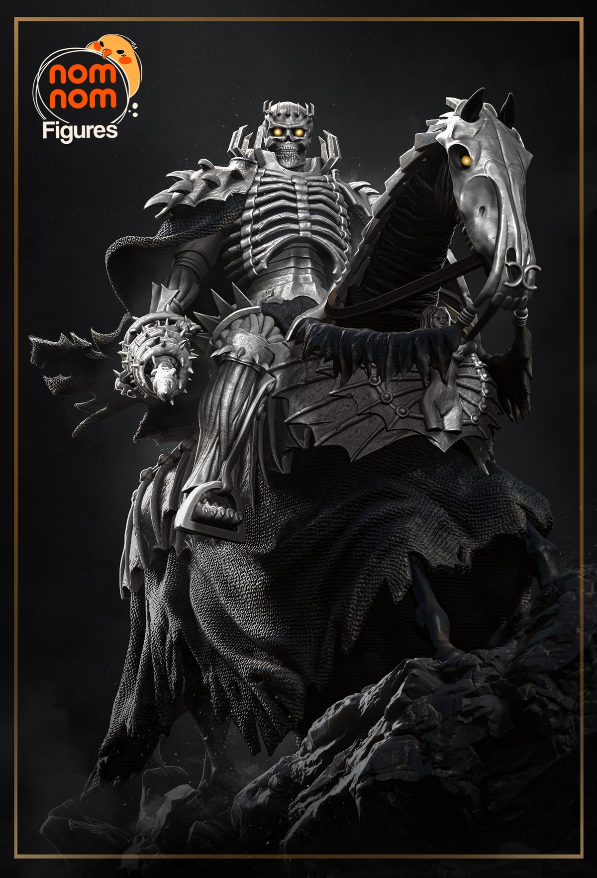 Skull Knight from Berserk rides a skeletal horse in a painted resin figure beauty shot.