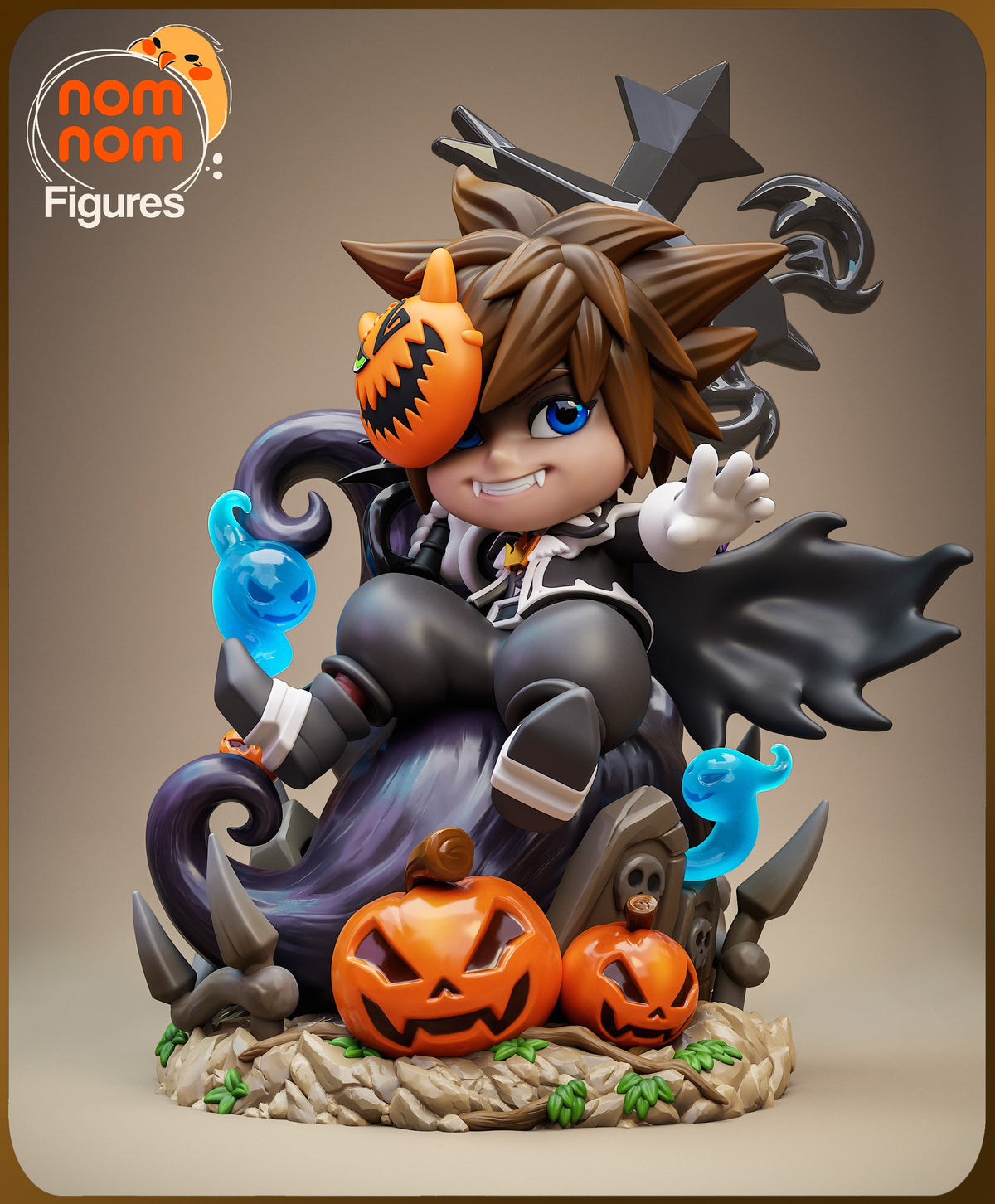 Keybearer Sky resin Chibi figure from Heart Realms Saga, front view, wearing black outfit with orange headphones and cape, holding blue magical orbs, posed on rocky base with jack-o'-lanterns.