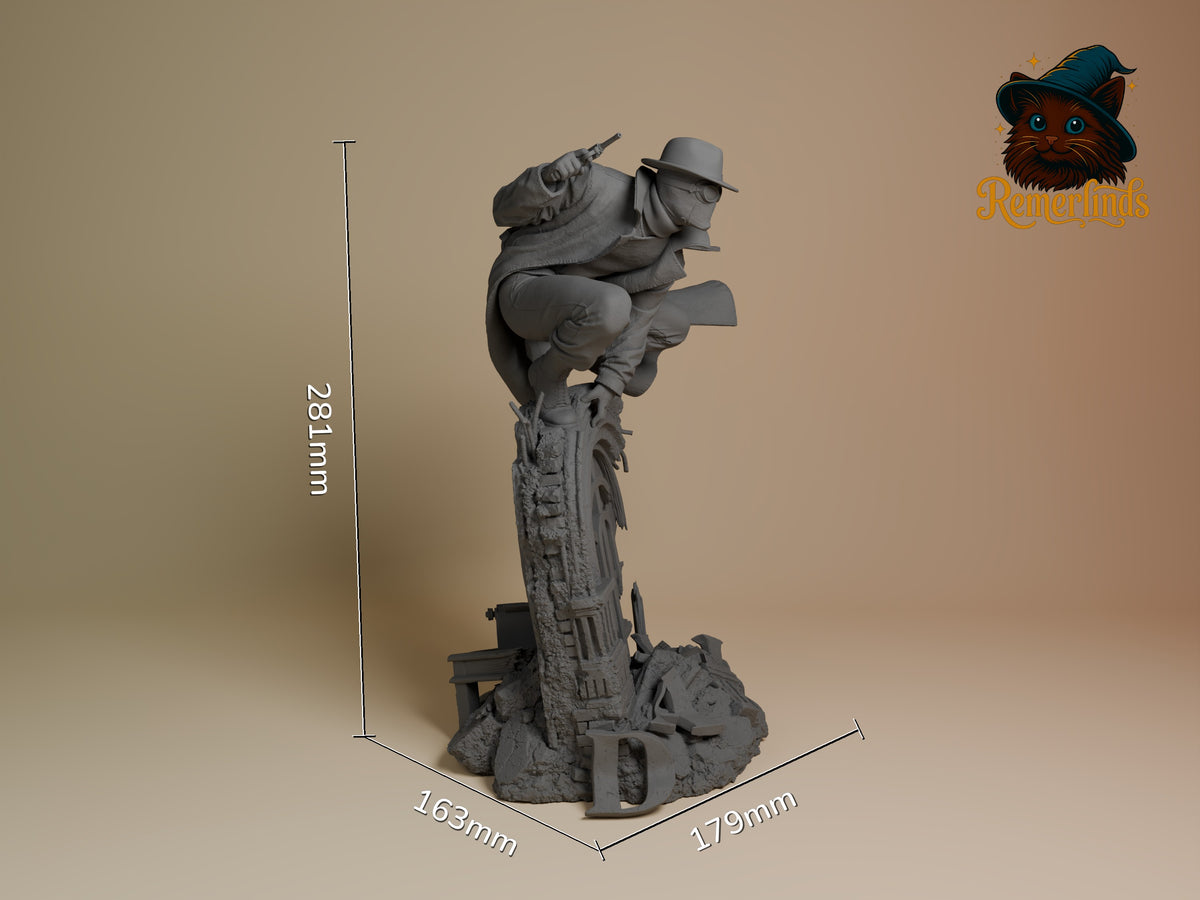 Unpainted gray resin figure of masked vigilante on textured base, shown at 281mm height with 163mm x 179mm footprint, dynamic climbing pose with rifle.