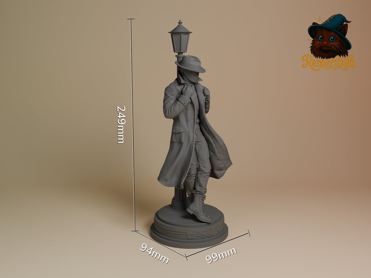 Masked Vigilante from Spiderman is an unpainted resin figure on a lamp-post base for scale.
